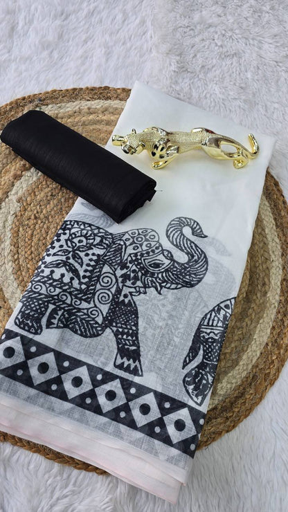 Beautiful Digital-printed White And Black Saree