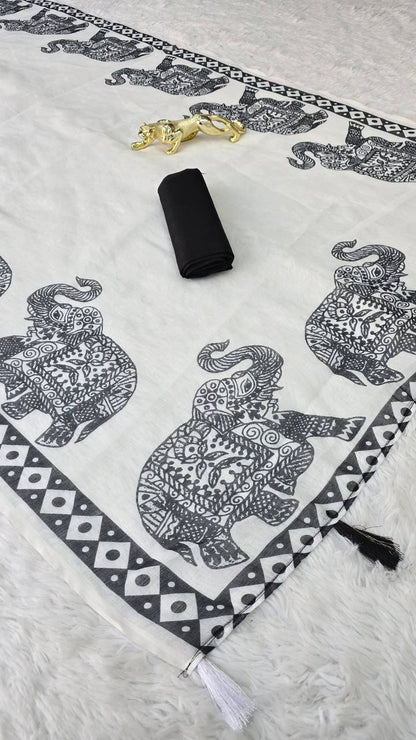 Beautiful Digital-printed White And Black Saree
