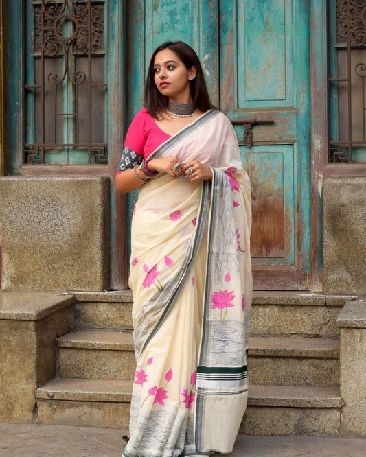 Soft Linen Pink Floral Prints Saree