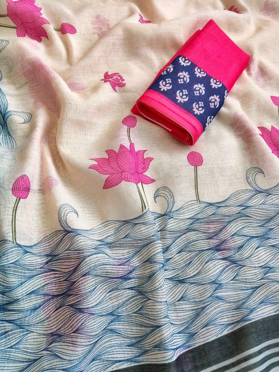Soft Linen Pink Floral Prints Saree