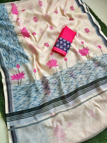 Soft Linen Pink Floral Prints Saree
