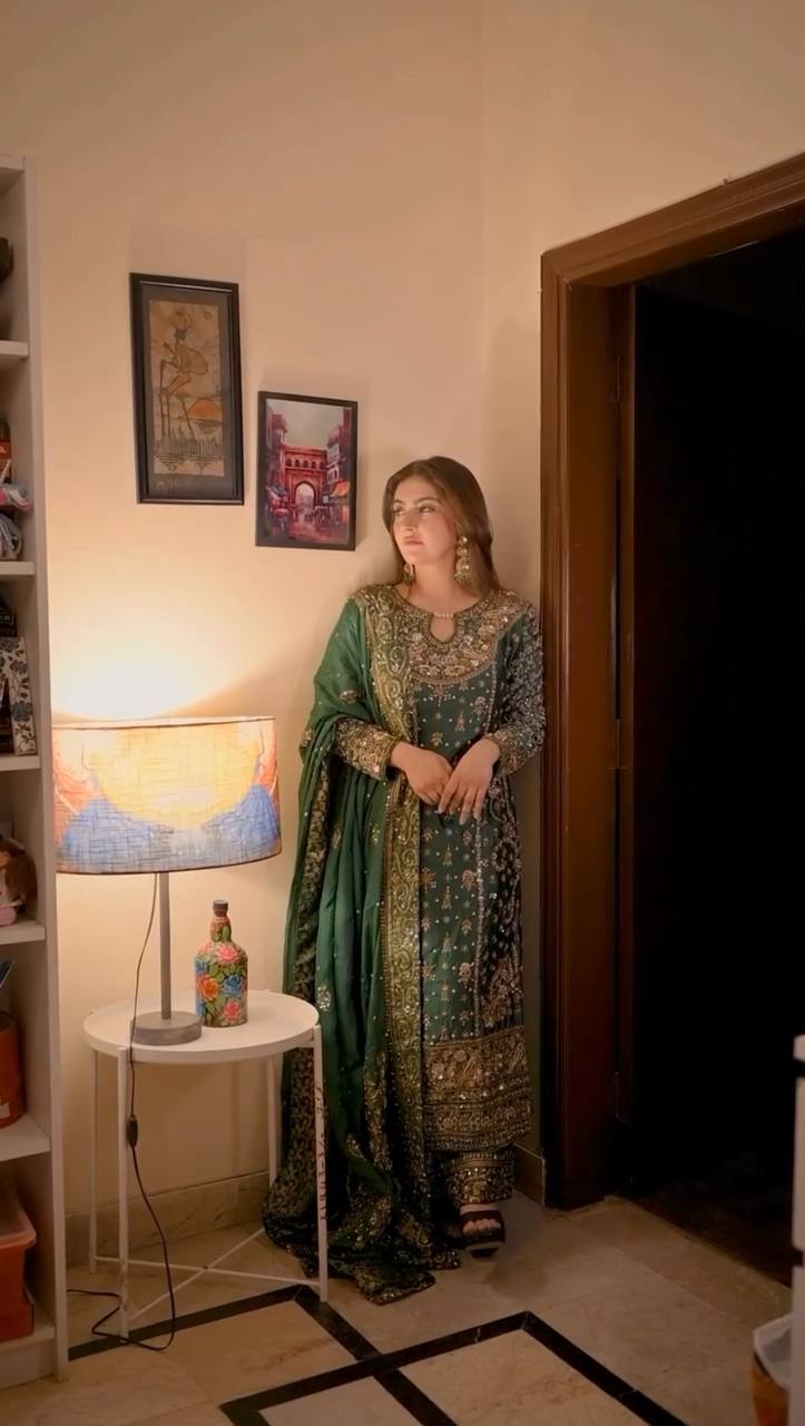 Heavy Faux Georgette Green Three Piece Suit Set