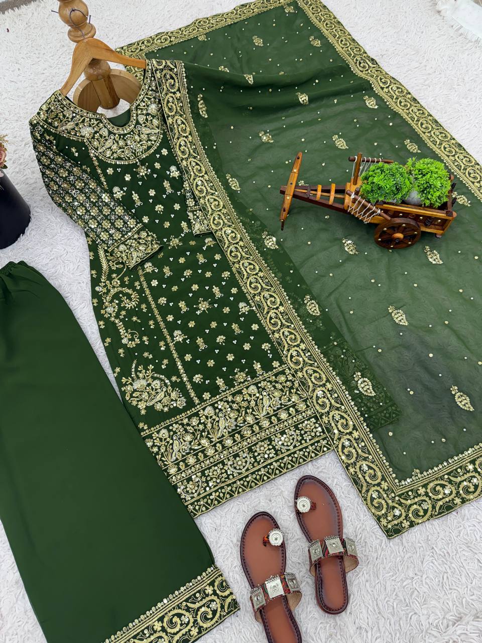 Heavy Faux Georgette Green Three Piece Suit Set