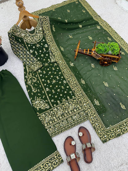 Heavy Faux Georgette Green Three Piece Suit Set