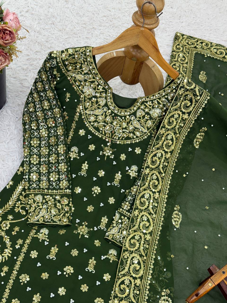 Heavy Faux Georgette Green Three Piece Suit Set