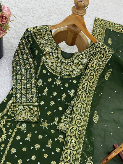 Heavy Faux Georgette Green Three Piece Suit Set