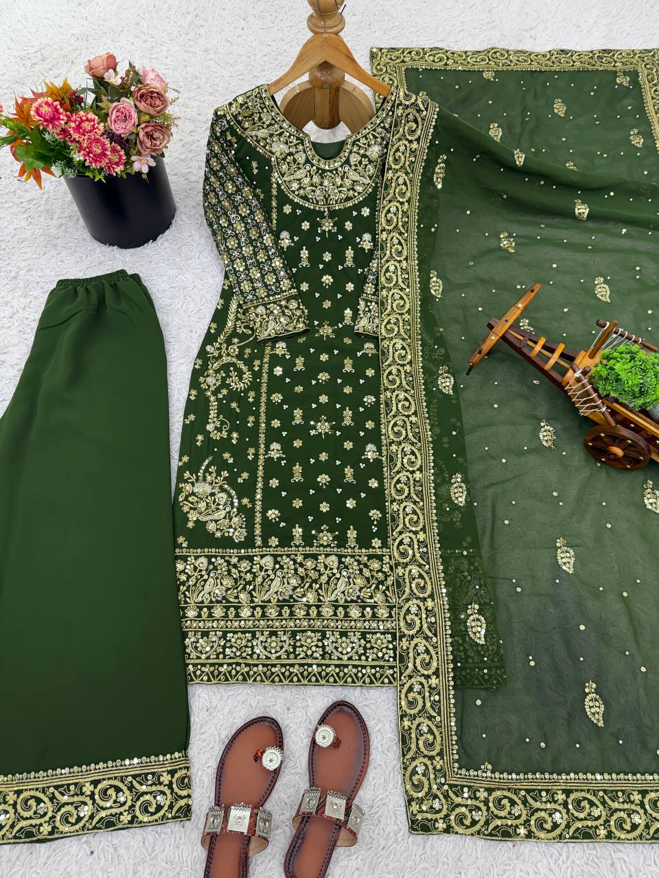Heavy Faux Georgette Green Three Piece Suit Set