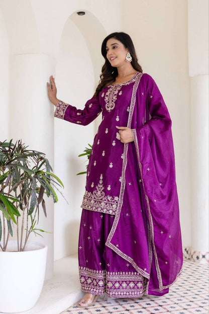 Delightful Wine Color Chinon Silk Palazzo Suit