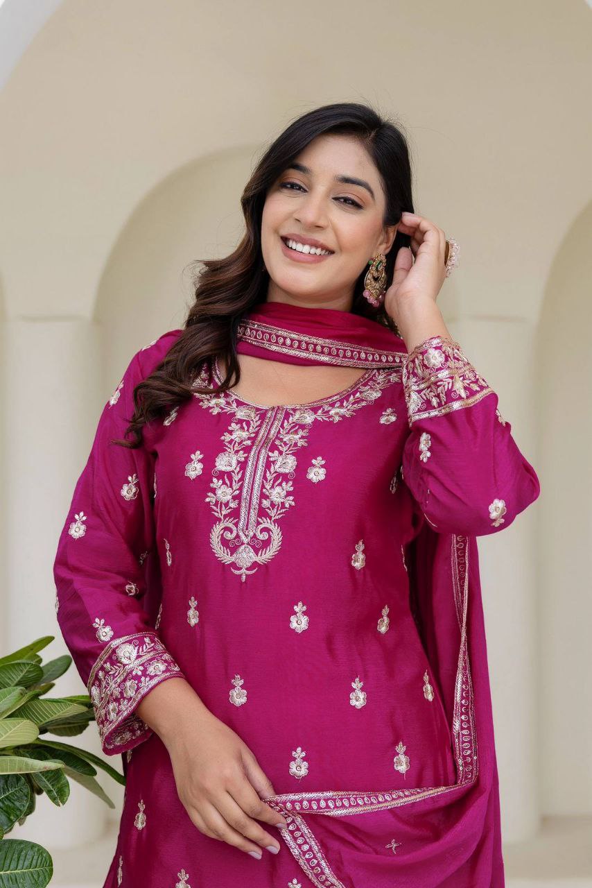 Chinon Silk Embroidery Sequence Work Rani Pink Plazzo Suit