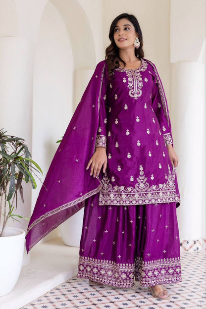 Delightful Wine Color Chinon Silk Palazzo Suit