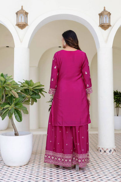 Chinon Silk Embroidery Sequence Work Rani Pink Plazzo Suit
