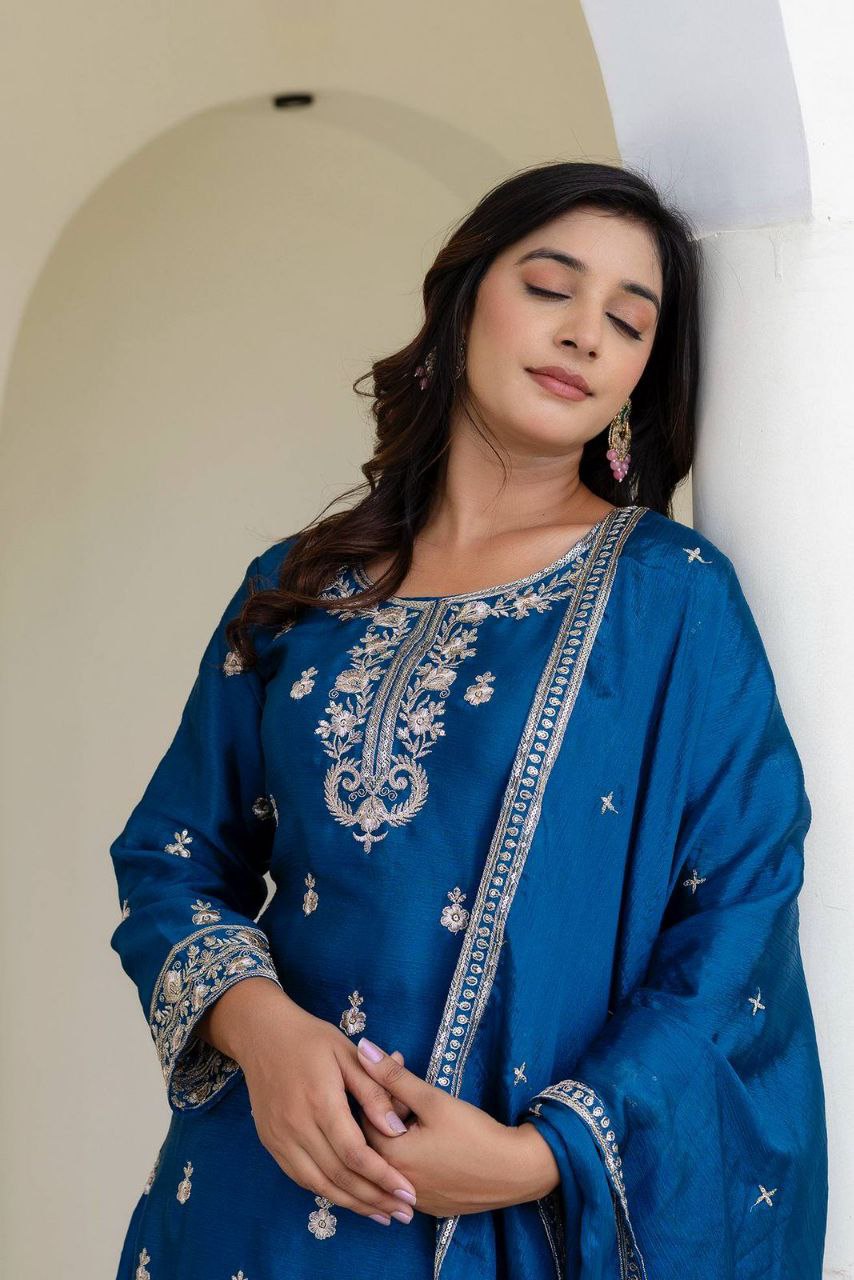 Chinon Silk With  Embroidery Sequence Work  Blue  Suit Set