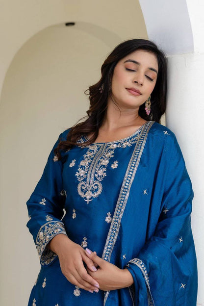 Chinon Silk With  Embroidery Sequence Work  Blue  Suit Set