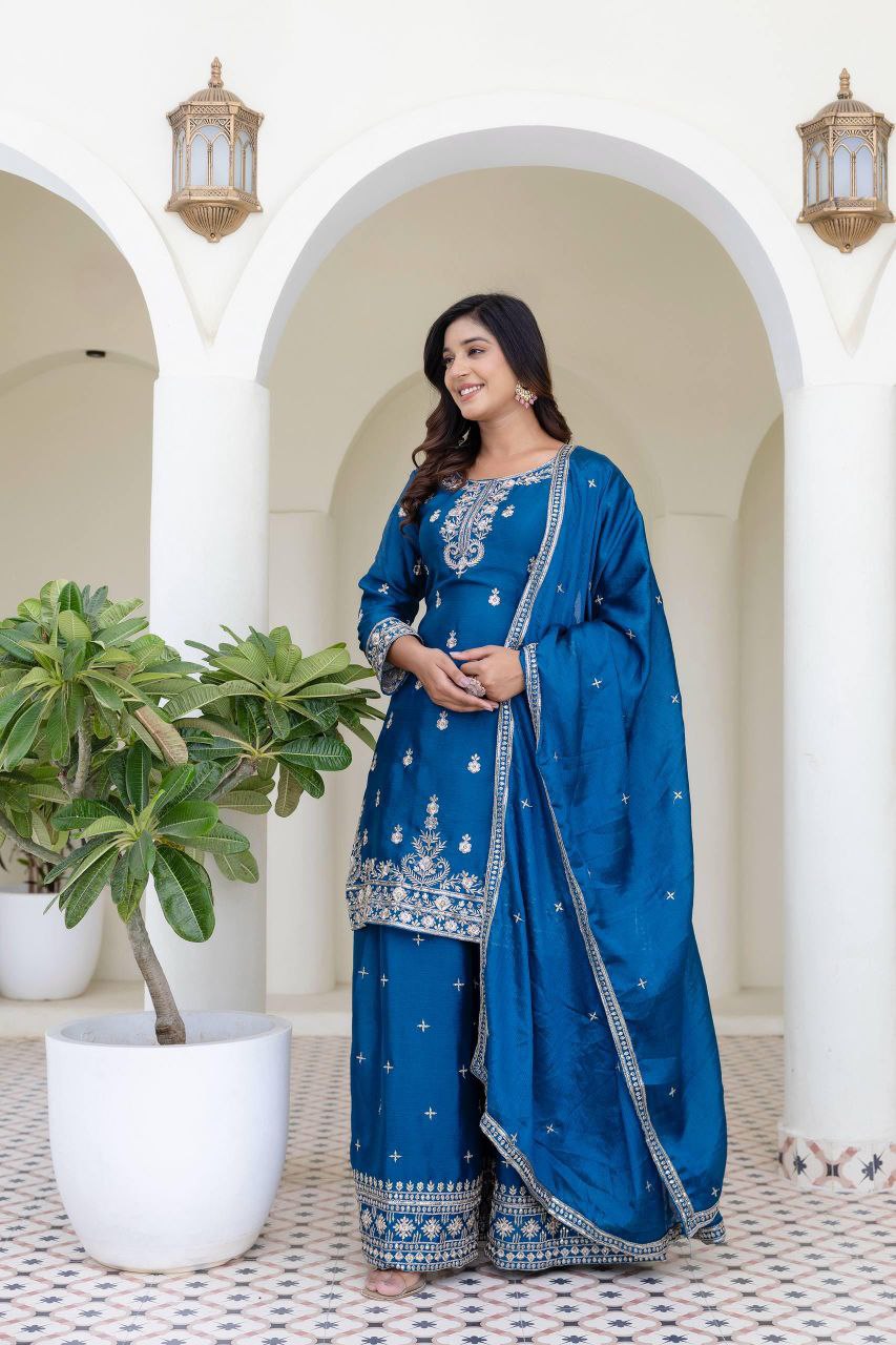 Chinon Silk With  Embroidery Sequence Work  Blue  Suit Set