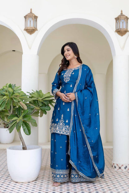 Chinon Silk With  Embroidery Sequence Work  Blue  Suit Set