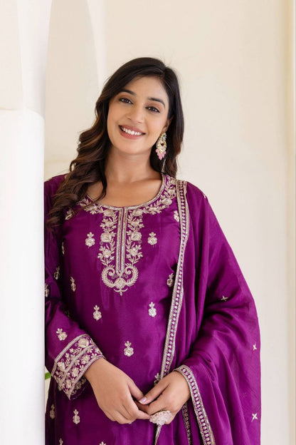 Delightful Wine Color Chinon Silk Palazzo Suit