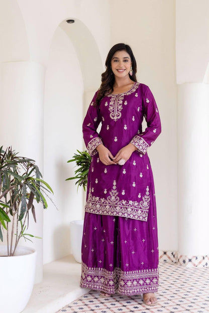 Delightful Wine Color Chinon Silk Palazzo Suit