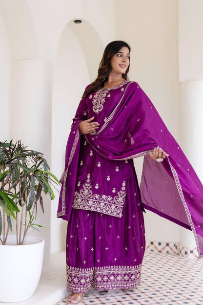 Delightful Wine Color Chinon Silk Palazzo Suit
