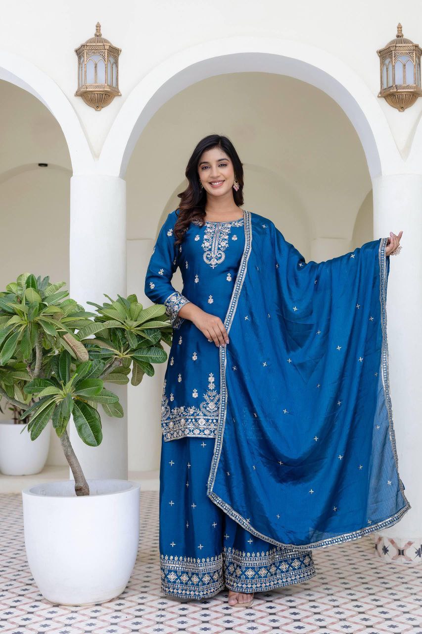 Chinon Silk With  Embroidery Sequence Work  Blue  Suit Set
