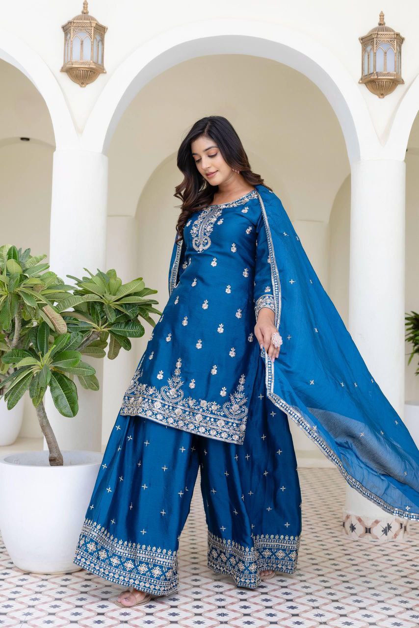 Chinon Silk With  Embroidery Sequence Work  Blue  Suit Set