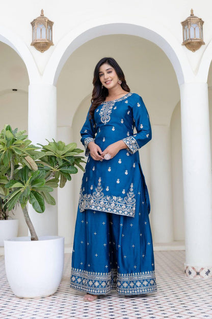 Chinon Silk With  Embroidery Sequence Work  Blue  Suit Set