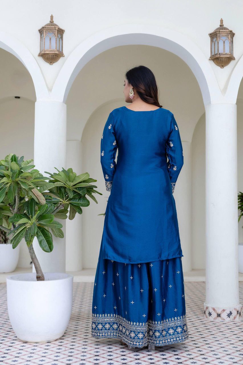 Chinon Silk With  Embroidery Sequence Work  Blue  Suit Set