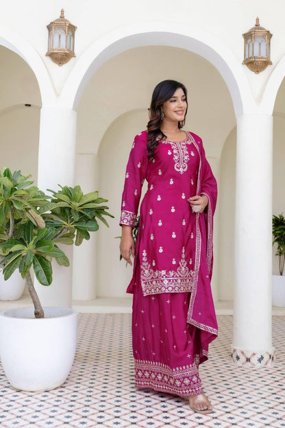 Chinon Silk Embroidery Sequence Work Rani Pink Plazzo Suit