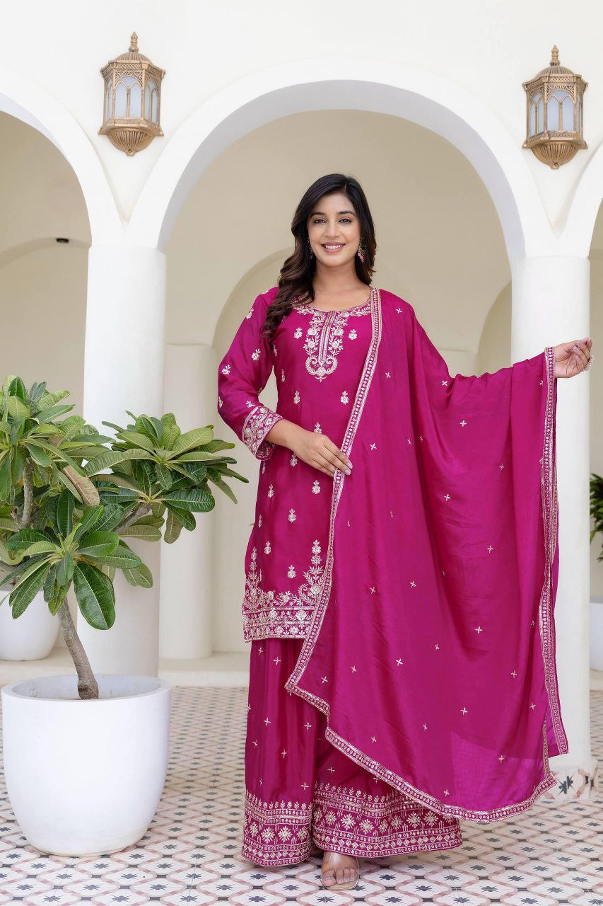 Chinon Silk Embroidery Sequence Work Rani Pink Plazzo Suit