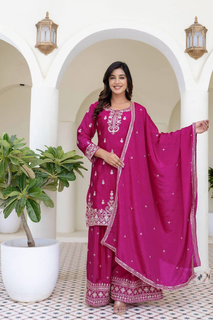 Chinon Silk Embroidery Sequence Work Rani Pink Plazzo Suit