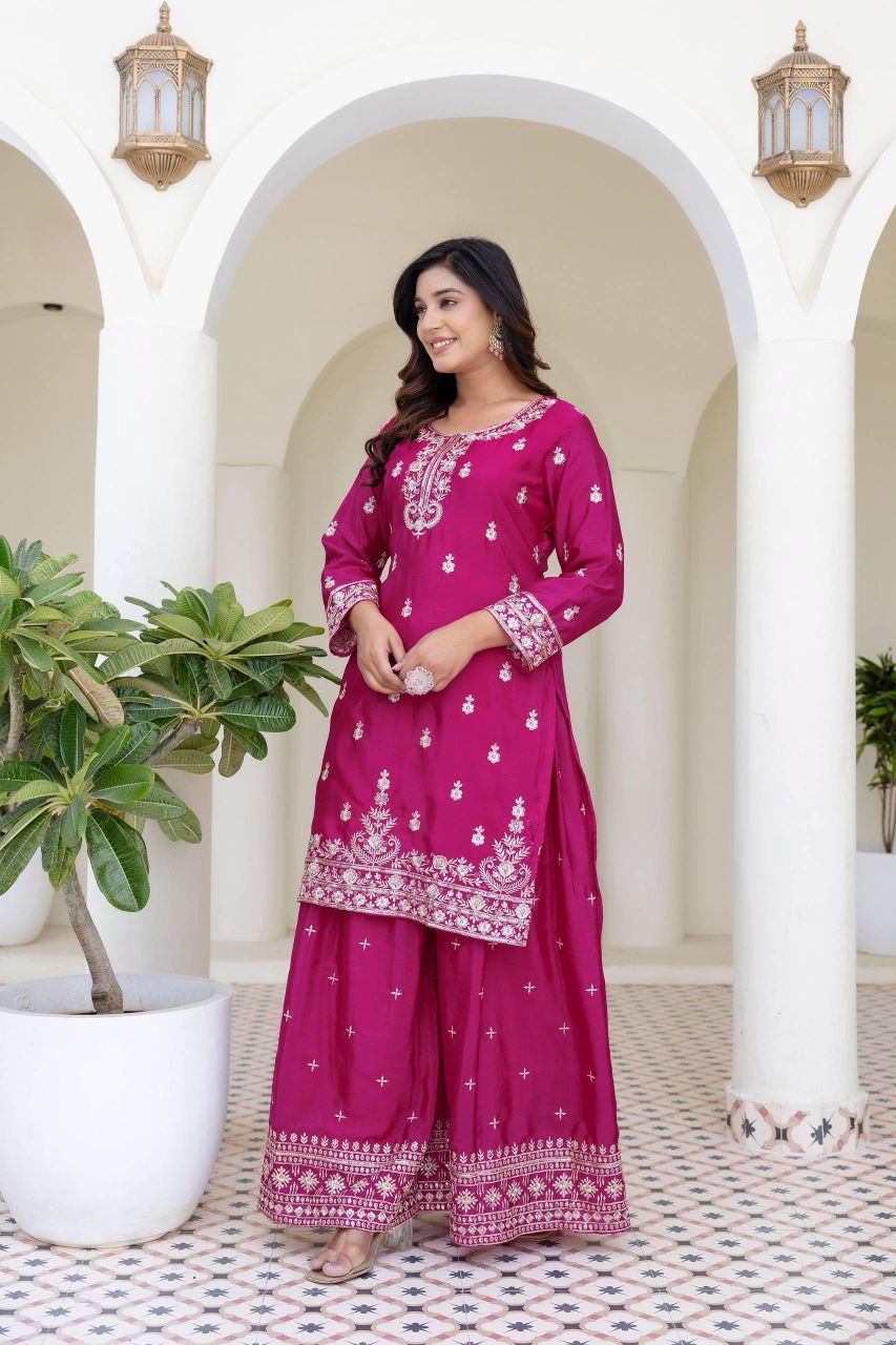 Chinon Silk Embroidery Sequence Work Rani Pink Plazzo Suit