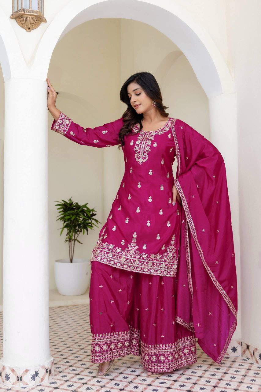 Chinon Silk Embroidery Sequence Work Rani Pink Plazzo Suit