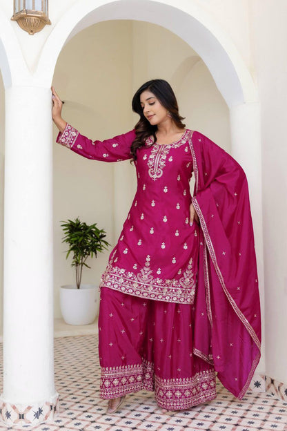 Chinon Silk Embroidery Sequence Work Rani Pink Plazzo Suit