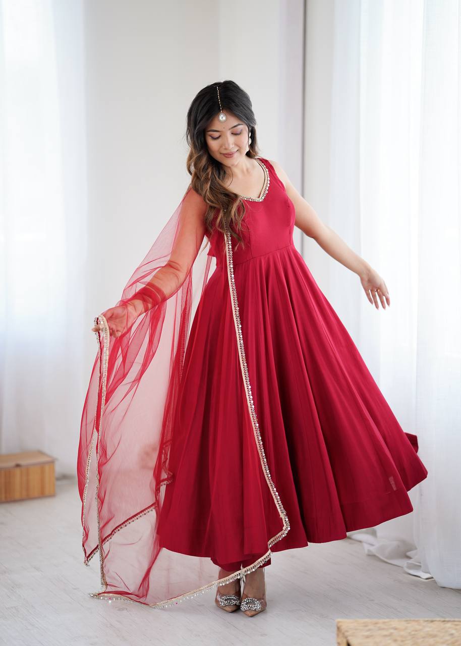 Delighful Maroon Fully Flair Anarkali Suit With Dupatta