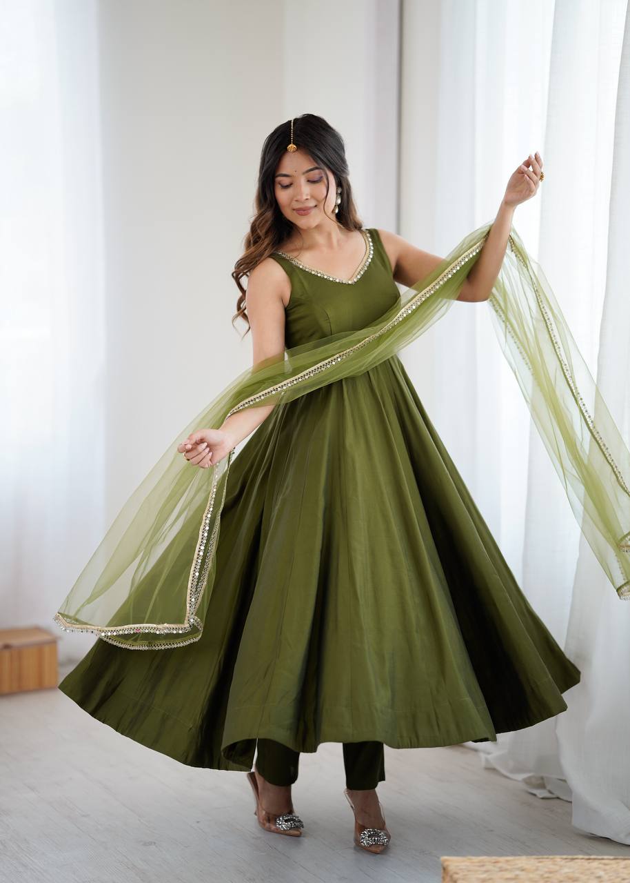 Beautiful Mahendi Green Roman silk Anarkali Suit