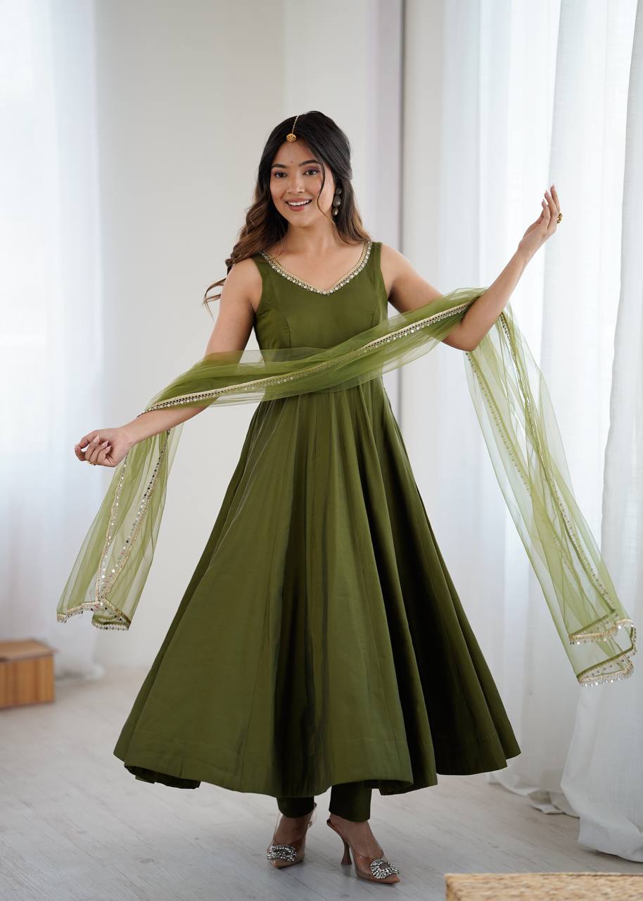 Beautiful Mahendi Green Roman silk Anarkali Suit