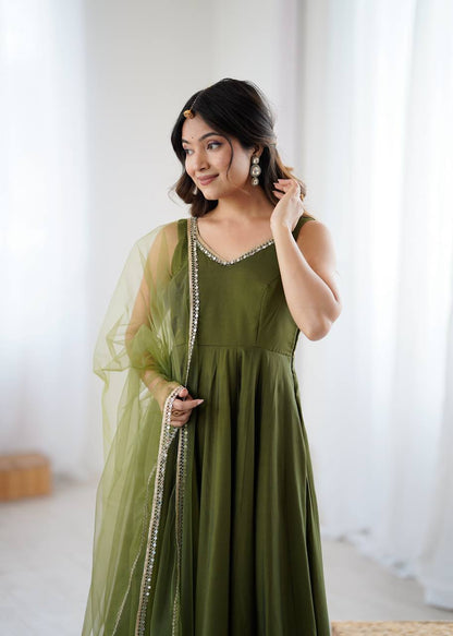 Beautiful Mahendi Green Roman silk Anarkali Suit