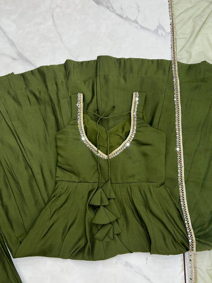 Beautiful Mahendi Green Roman silk Anarkali Suit