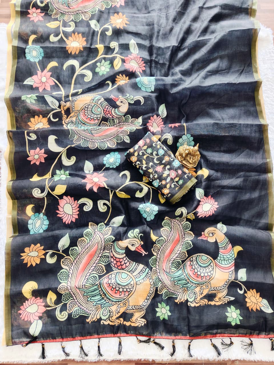 Elegent Digital Print Kalamkari Black Saree