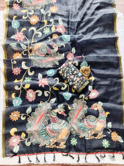 Elegent Digital Print Kalamkari Black Saree