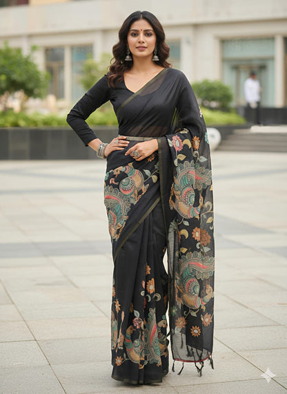 Elegent Digital Print Kalamkari Black Saree