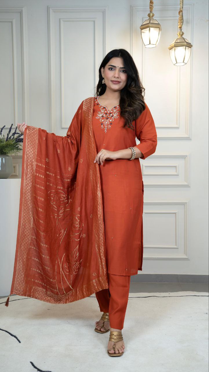 Designer Rust Orange Roman Silk Kurti Pant Dupatta Set