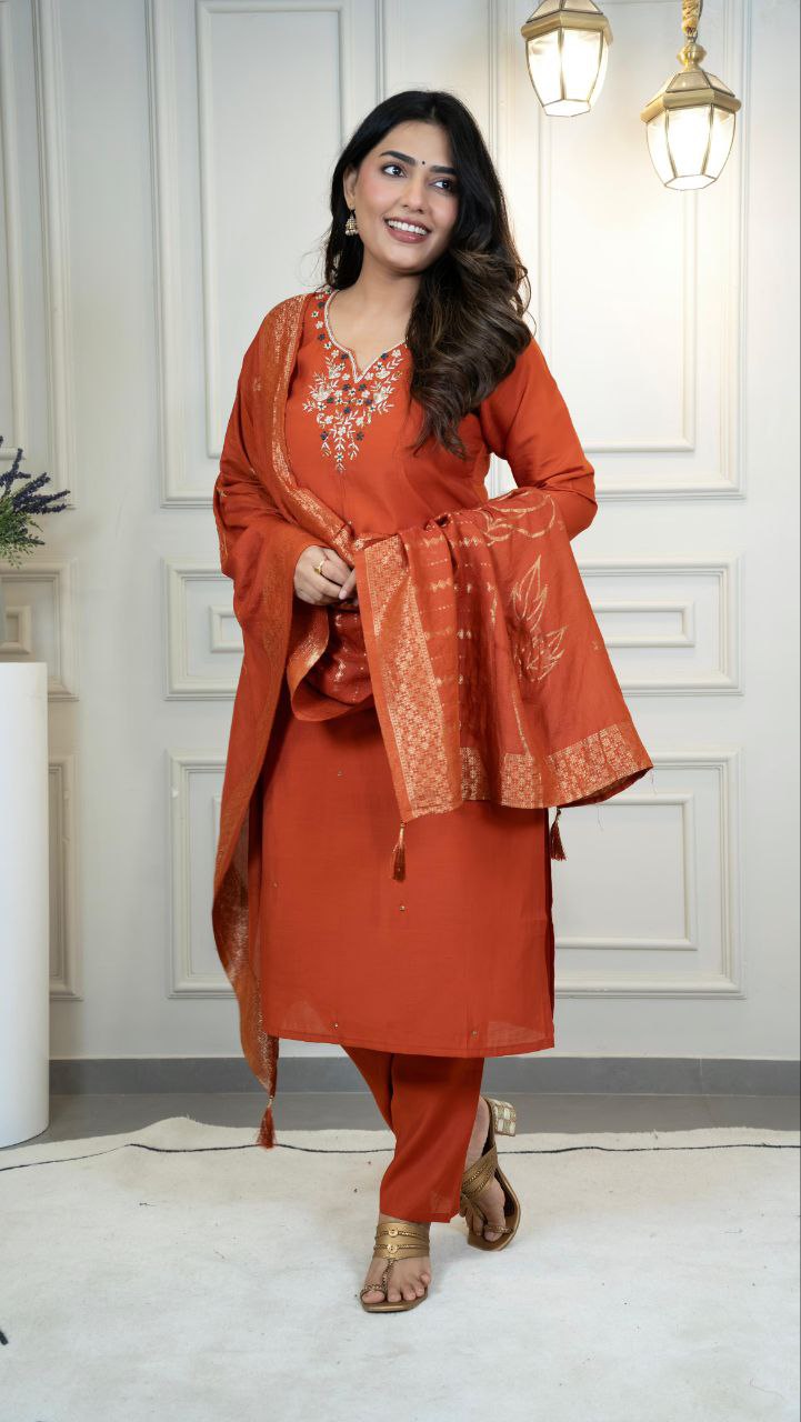 Designer Rust Orange Roman Silk Kurti Pant Dupatta Set