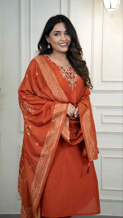 Designer Rust Orange Roman Silk Kurti Pant Dupatta Set