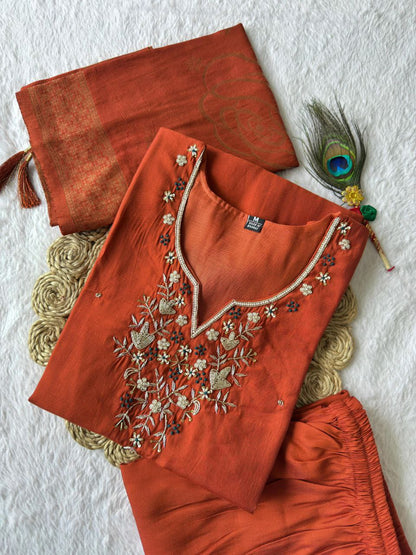 Designer Rust Orange Roman Silk Kurti Pant Dupatta Set