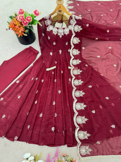 Crunchy Silk Gown With Embroidery Sequence Work Anarkali Suit