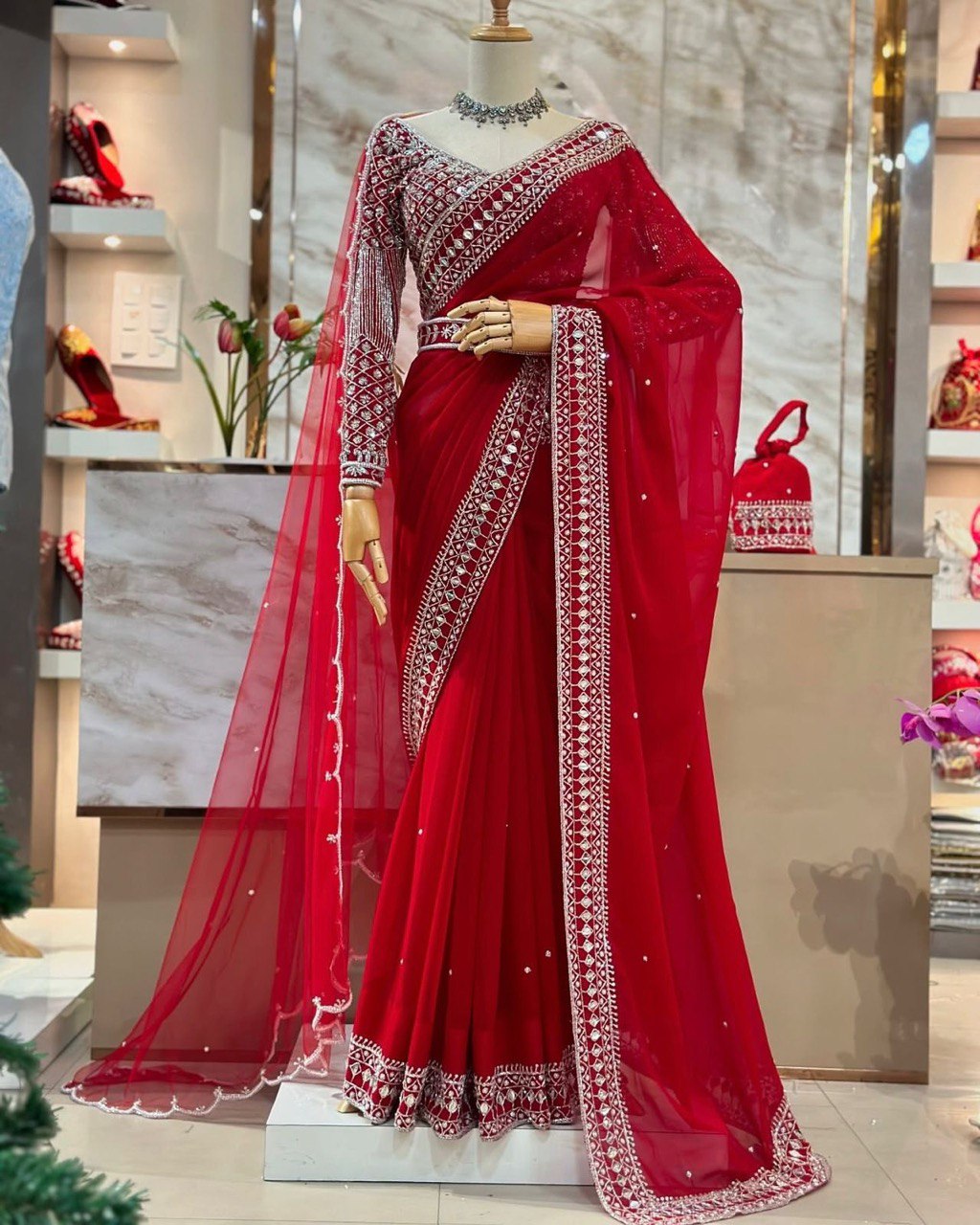 Designer Party Wear Red Saree With Heavy Sequence Embroidery