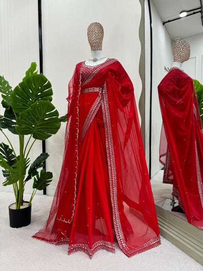 Designer Party Wear Red Saree With Heavy Sequence Embroidery