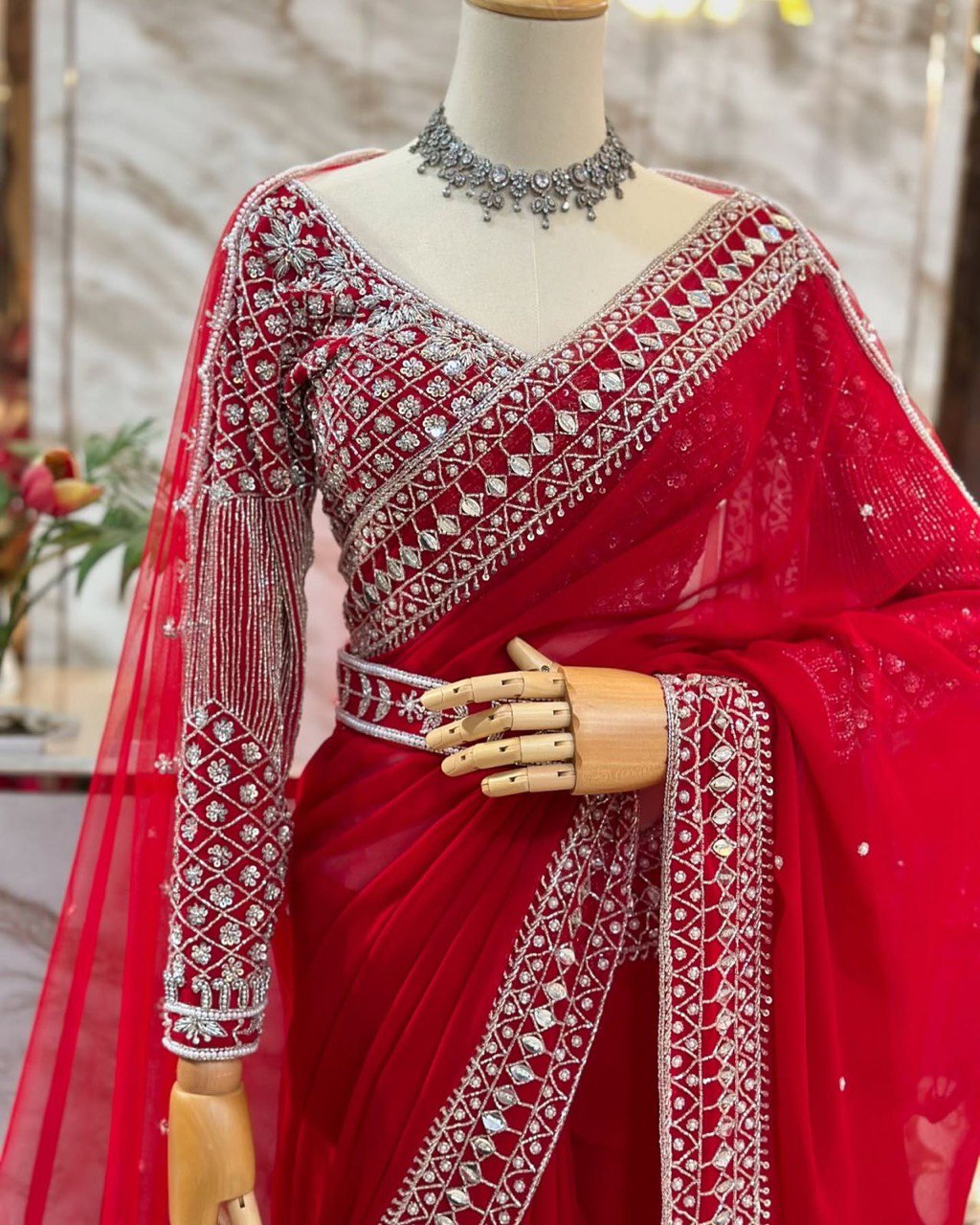 Designer Party Wear Red Saree With Heavy Sequence Embroidery