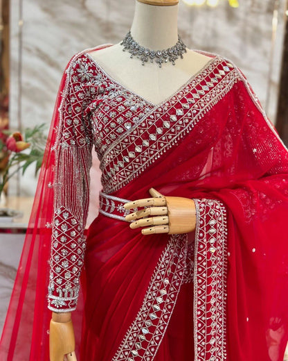 Designer Party Wear Red Saree With Heavy Sequence Embroidery