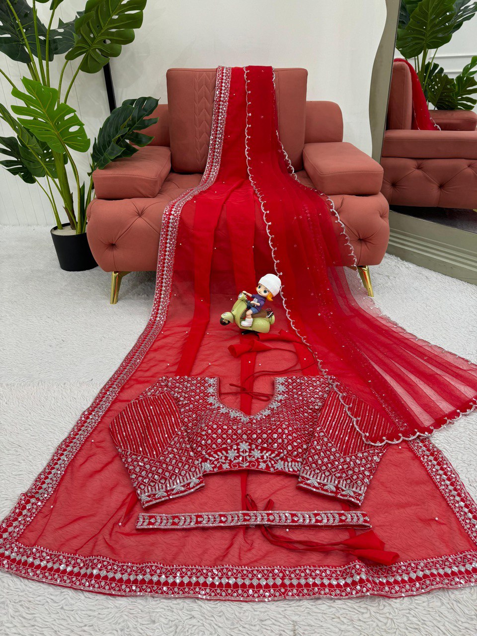 Designer Party Wear Red Saree With Heavy Sequence Embroidery